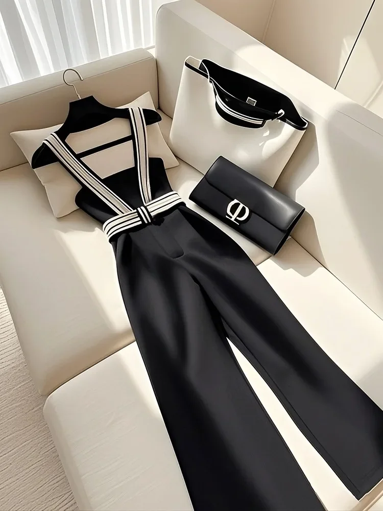 Frence mode noir combinaison femmes élégance sangle Camisole jambe large pantalon combinaison été bureau dame Design Style formel