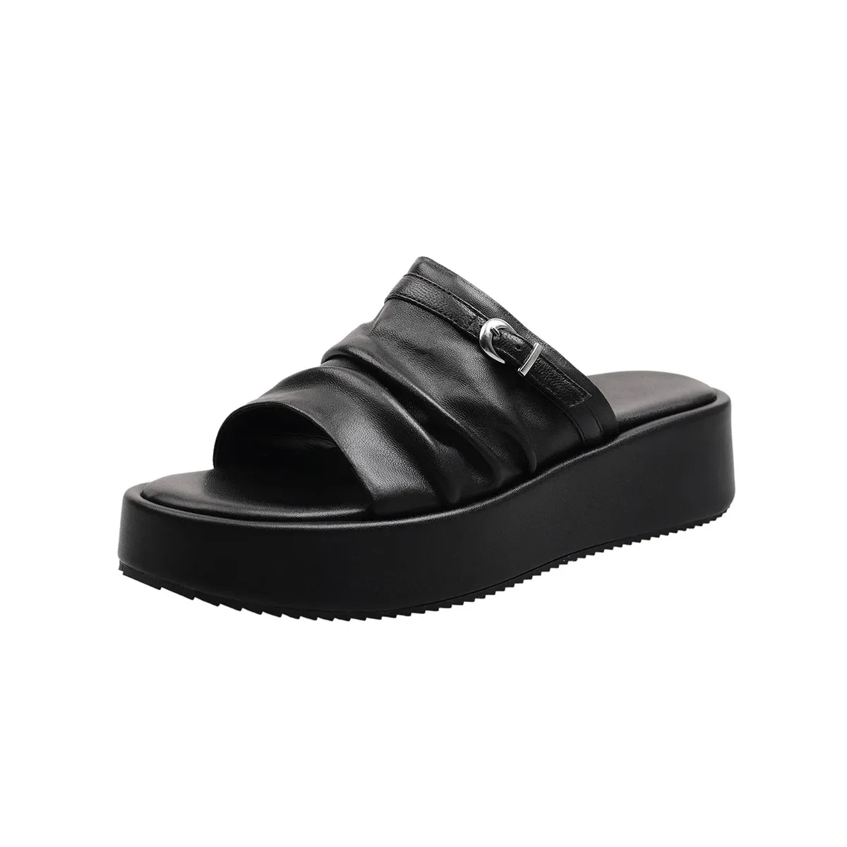 2025 verão plataforma de pele carneiro salto médio plissado palavra chinelos dedo do pé redondo aberto fivela cinto cunha chinelos