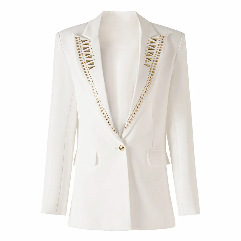 

2024 Classic Long Sleeves Single Buckle Blazer Jacket Women Metal Piece Hot Diamond New in Outwears Ladies White Slim Suit Women