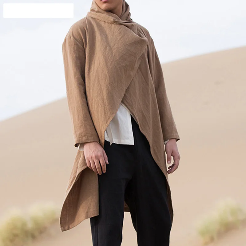

Autumn New Chinese Style Men's Cotton Linen Zen Medium Length Coat Long Sleeve Shawl Male Fashion Casual Loose Fit Windbreaker