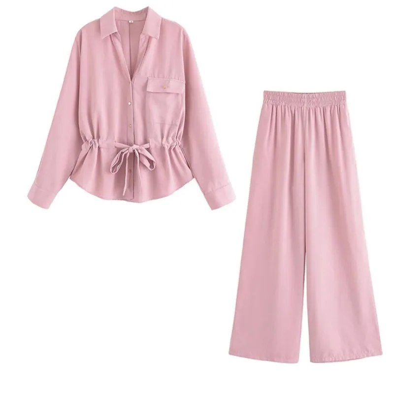 

2025 Women Summer Suit Fashion Solid Loose Shirts Tops and Wide Leg Pants 2-Pieces Sets Pink Elegant Street Female Clothing