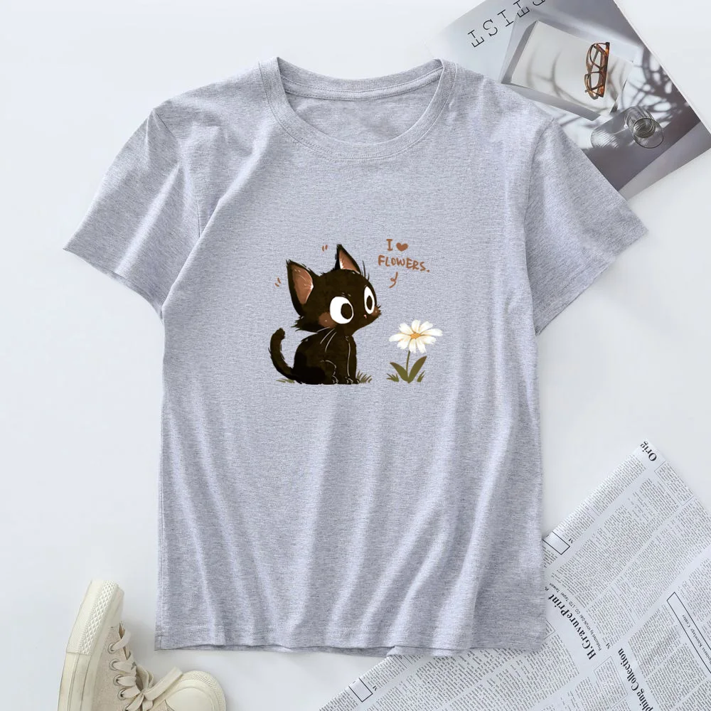 Damska bawełniana koszulka T-shirt Moda Kawaii Harajuku Kot Grafika T-shirty Letnie Krótkie Rękawy Damskie Koszulki Topy Odzież Damska — zdjęcie 4