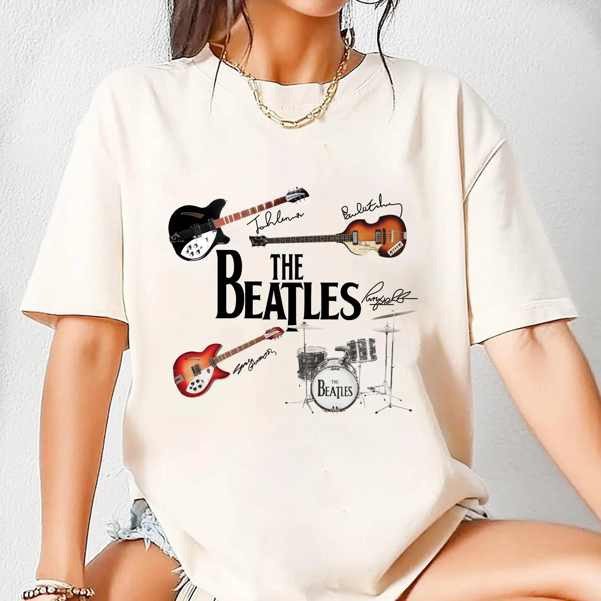 The Beatles Signature Instruments Graphic T‑Shirt, Men Women O‑Neck Short‑Sleeve Rock Band Fan Gift Streetwear Daily Top
