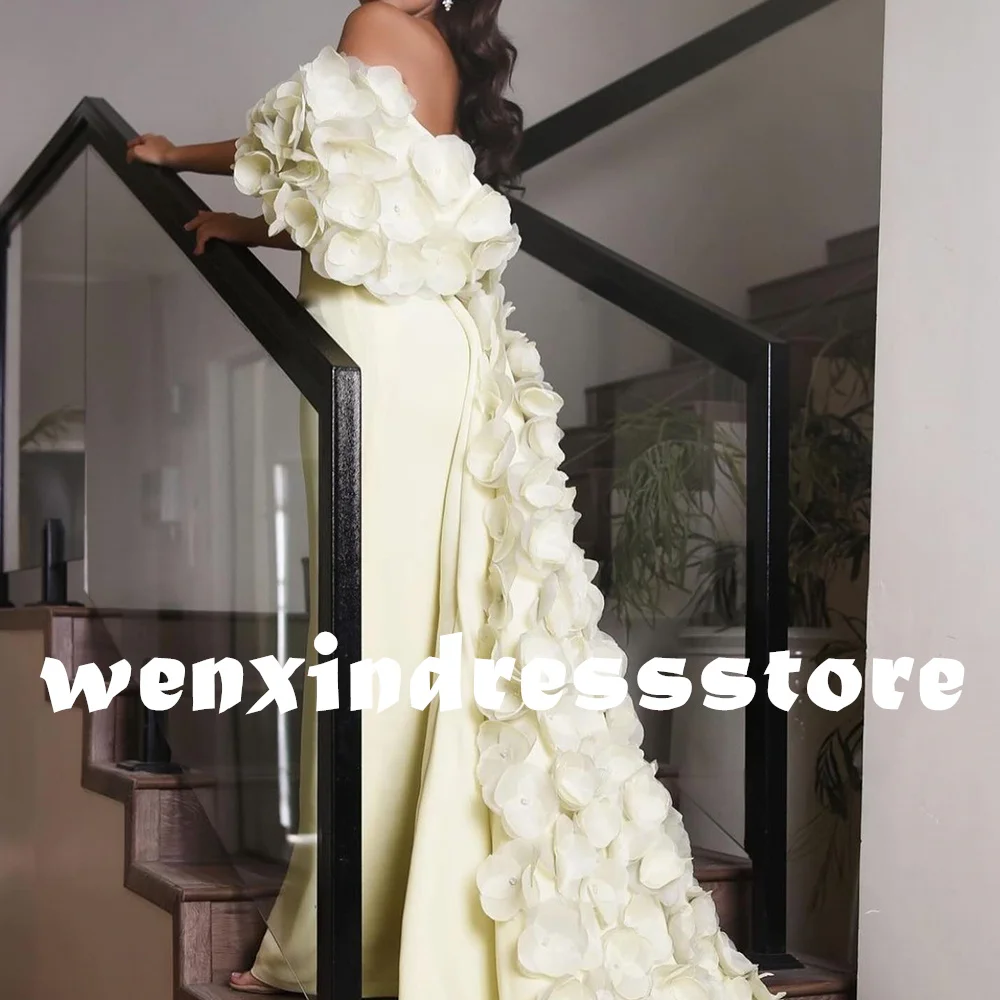 Elegant Luxury Evening Dress 2024 Straight One Shoulder Short Sleeves Jersey Floor Length Pleats Panel Train 3D Flowers Formal