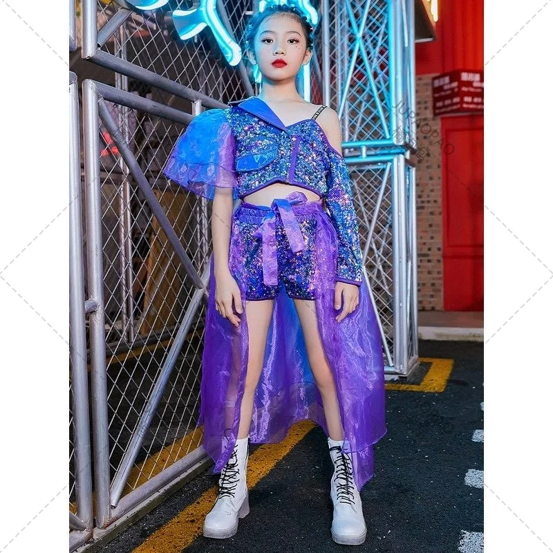 Ropa de moda de pasarela para niñas, ropa de baile de Jazz para niños, ropa de rendimiento de baile para niñas de Hip-hop, holográfica