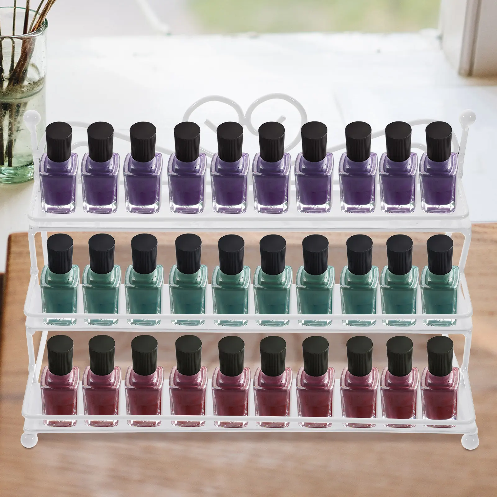 Metal Nail Polish Organizer Holder White 3 Rows Heart Design Nail Polish Organizer Rack Stable Base for Table Cosmetics Display