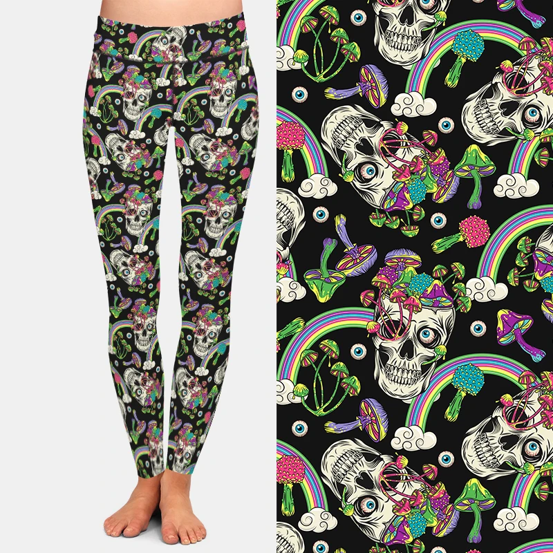 LETSFIND-pantalones de Fitness de cintura alta para mujer, mallas Sexy con estampado 3D de arcoíris, Calavera humana y setas, a la moda, novedad