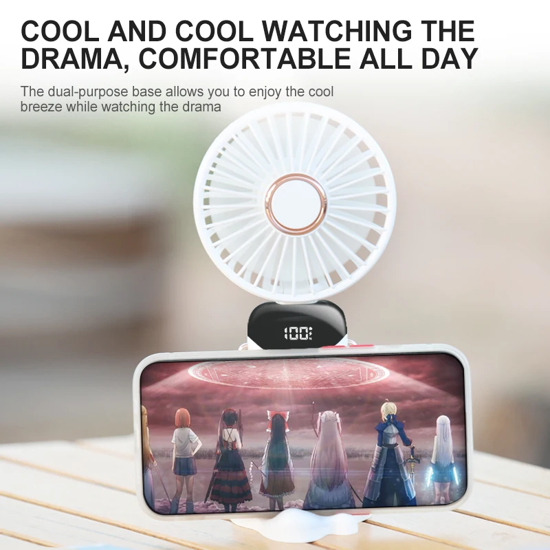 Portable Handheld Neck Fan, 5 Speeds, LED Display, 1200mAh Rechargeable, Foldable 90°, Phone Stand, USB Mini Fan for Travel