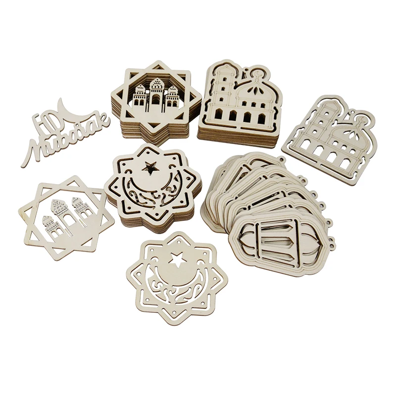 10pc Ramadan Hollow Pendants Eid Mubarak Letter Islamic Muslim Home Wooden Sheet Hanging Decoration Kareem Festival Party Supply