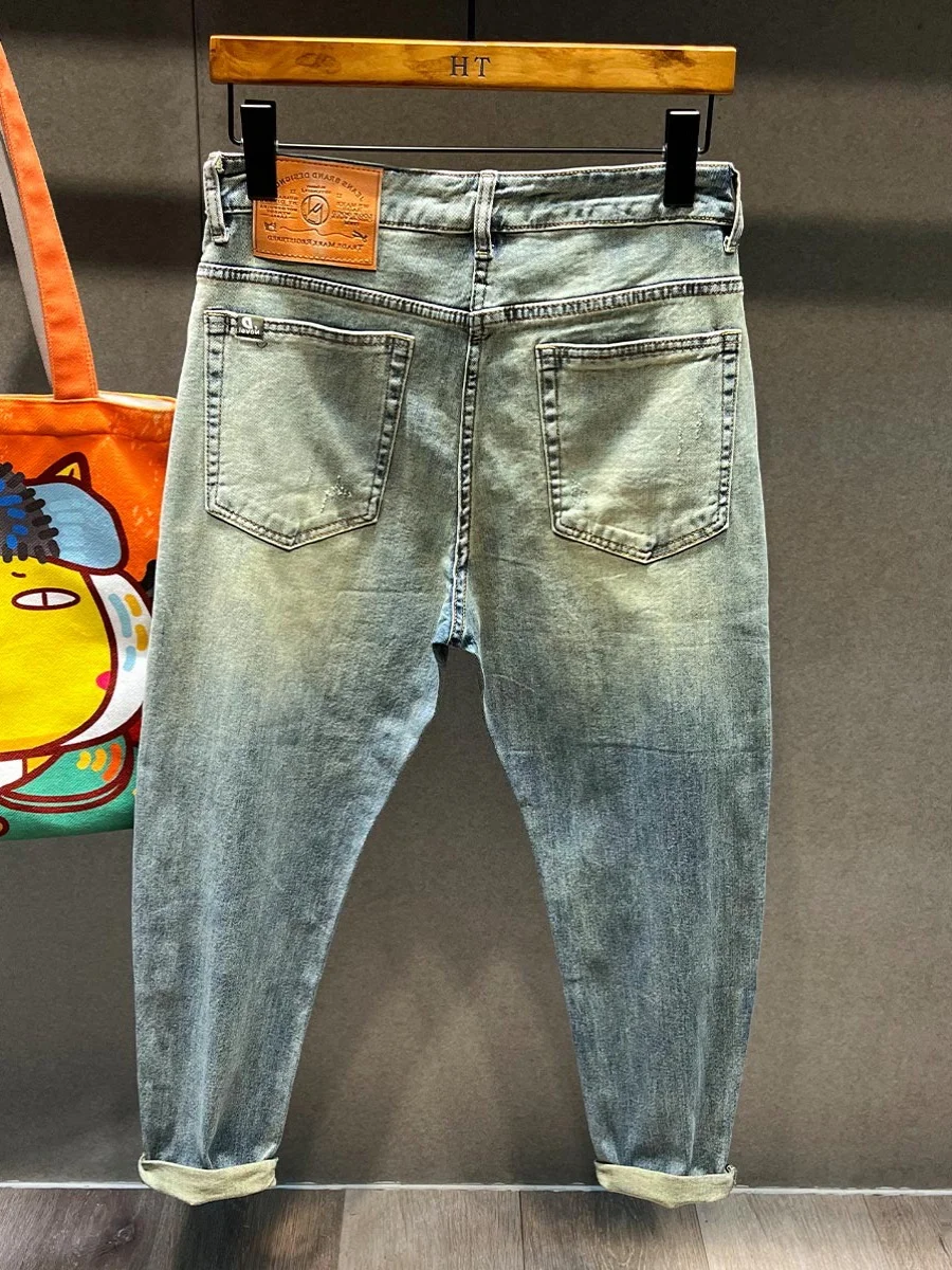 

Мужские облегающие джинсы со средней талией, хлопковые эластичные джинсовые летние модные брюки с тонкой талией и девятью очками в стиле пэчворк