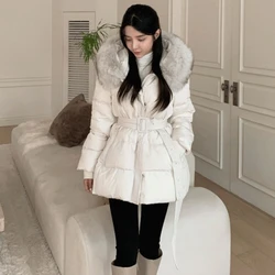 2023 New Women Winter Slim Fur Collar Hooded Down Coats Female Solid Color Warm Outerwear Ladies White Duck Down Jackets