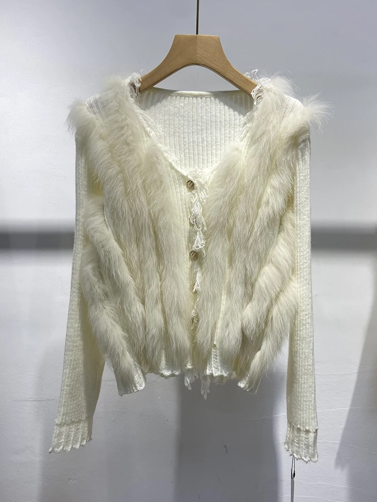 

2024 Women Autumn Real Fox Fur Decoration Knitted Spring Long Sleeve Tassels Sweater Jacket Coat