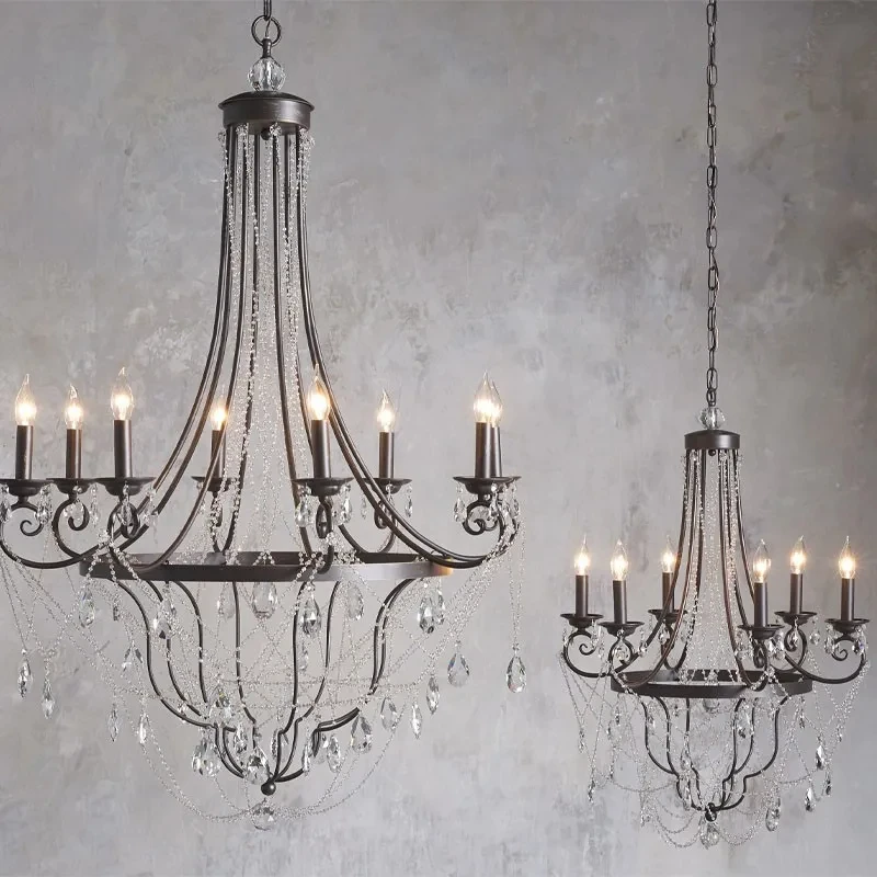 

French Vintage Iron Art Crystal Candle Home Decoration Pendant Light Villa Living Room Restaurant Light Hotel Lobby Lighting