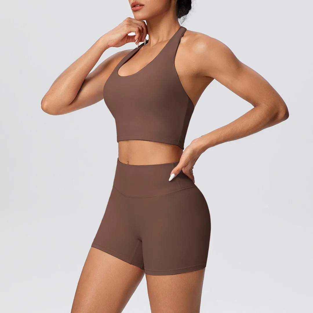 

New Women's Brushed Halter Neck Shorts Yoga Set Tight High Waist Hip Lift Fitness Suit Sports Running Workout Gym Sportswear