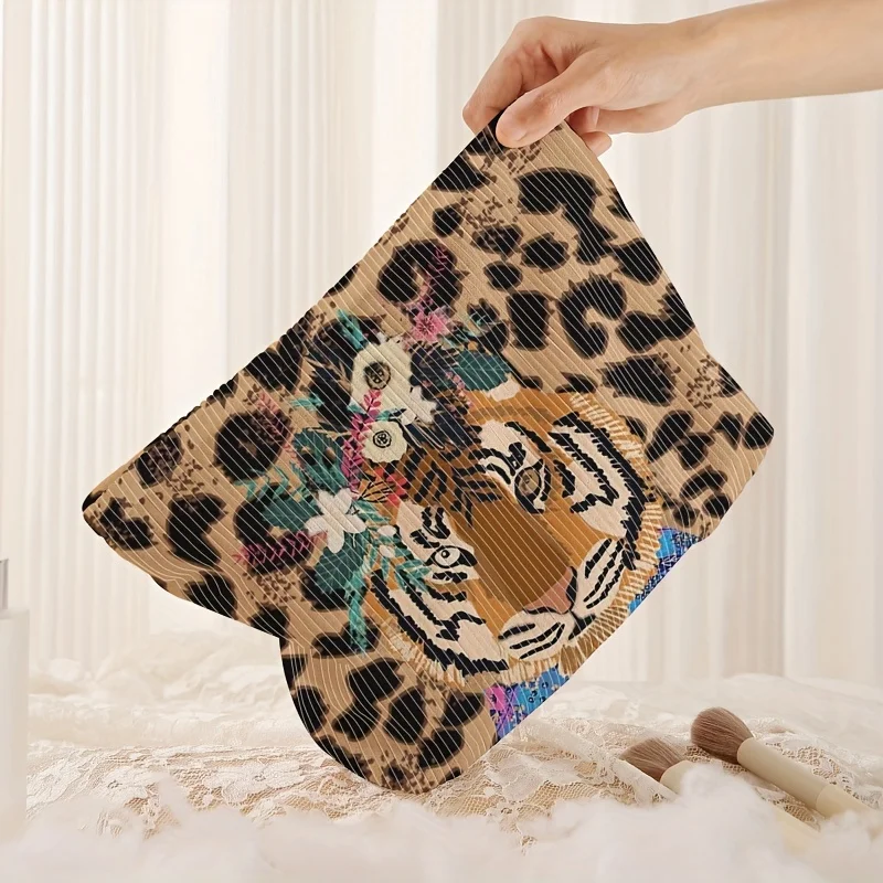 Fashionable tiger leopard print corduroy makeup bag with zipper, lightweight multifunctional cosmetic storage bag with lining