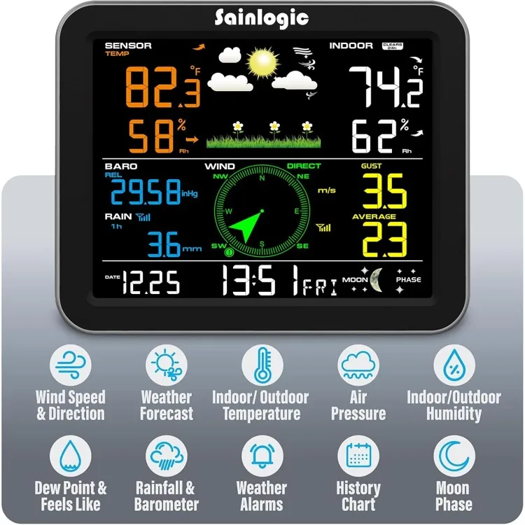 Weather Station Wireless Indoor Outdoor, Weather Station with Rain Gauge and Wind Speed/Direction, Temperature, Humidity, Air