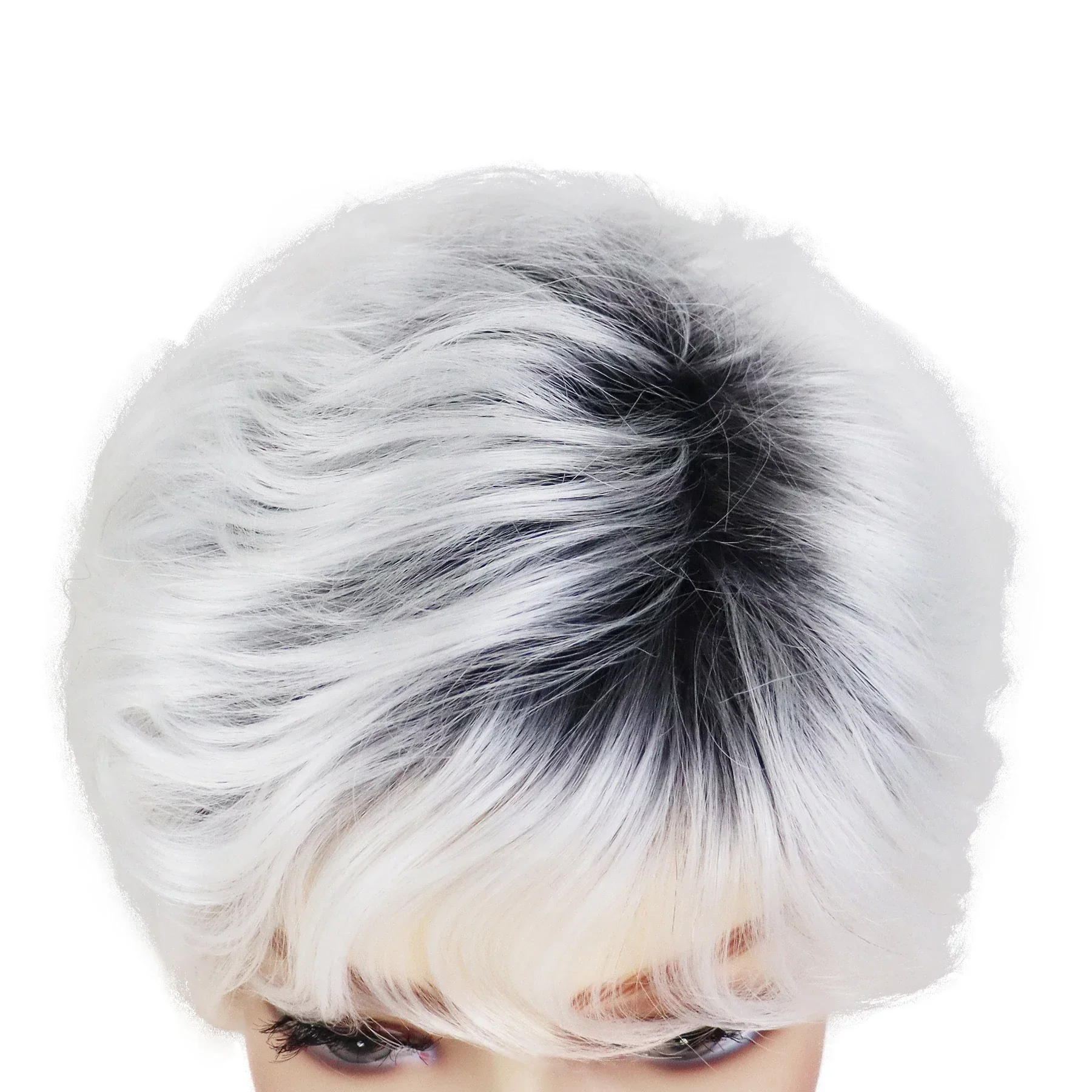 Synthetisches Haar silberweiße Perücken für Frauen schwarze Wurzel kurze Haarschnitte natürliche Perücken Pixie Cut alte Dame Perücke Oma Grey Blanche Perücke