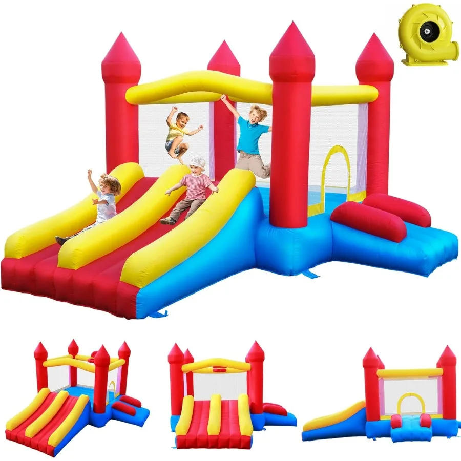 Dwu-komorowy dmuchany zamek do skakania z dmuchawą 5w1, do użytku wewnątrz i na zewnątrz, z koszykiem do koszykówki.