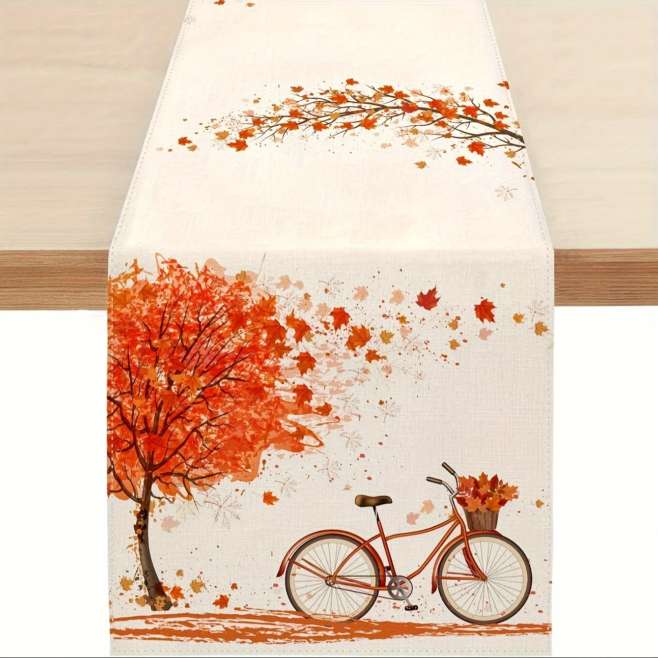 1 Piece of Autumn Scenery Table Runner, Painted Red Maple, Bicycle, Fallen Leaves, Suitable for Restaurant, Home, Picnic, Cafe, Autumn Party Decoration.