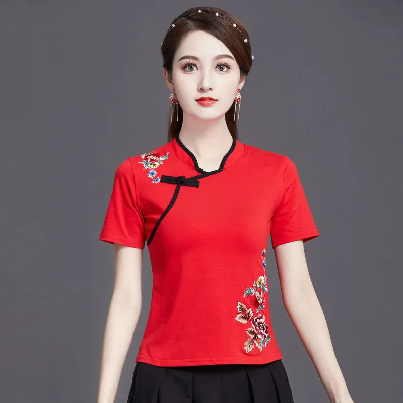 Vintage chinese Traditional Cotton Blouse Summer Sexy Shirt Novelty Style Clothing Women Tops 5XL 6XL V1939