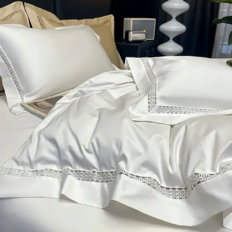 4Pcs Luxury 1000TC Egyptian Cotton White Hotel Style Bedding Set Hollow Wide Edge Duvet Cover Bed Sheet Fitted Sheet Pillowcases