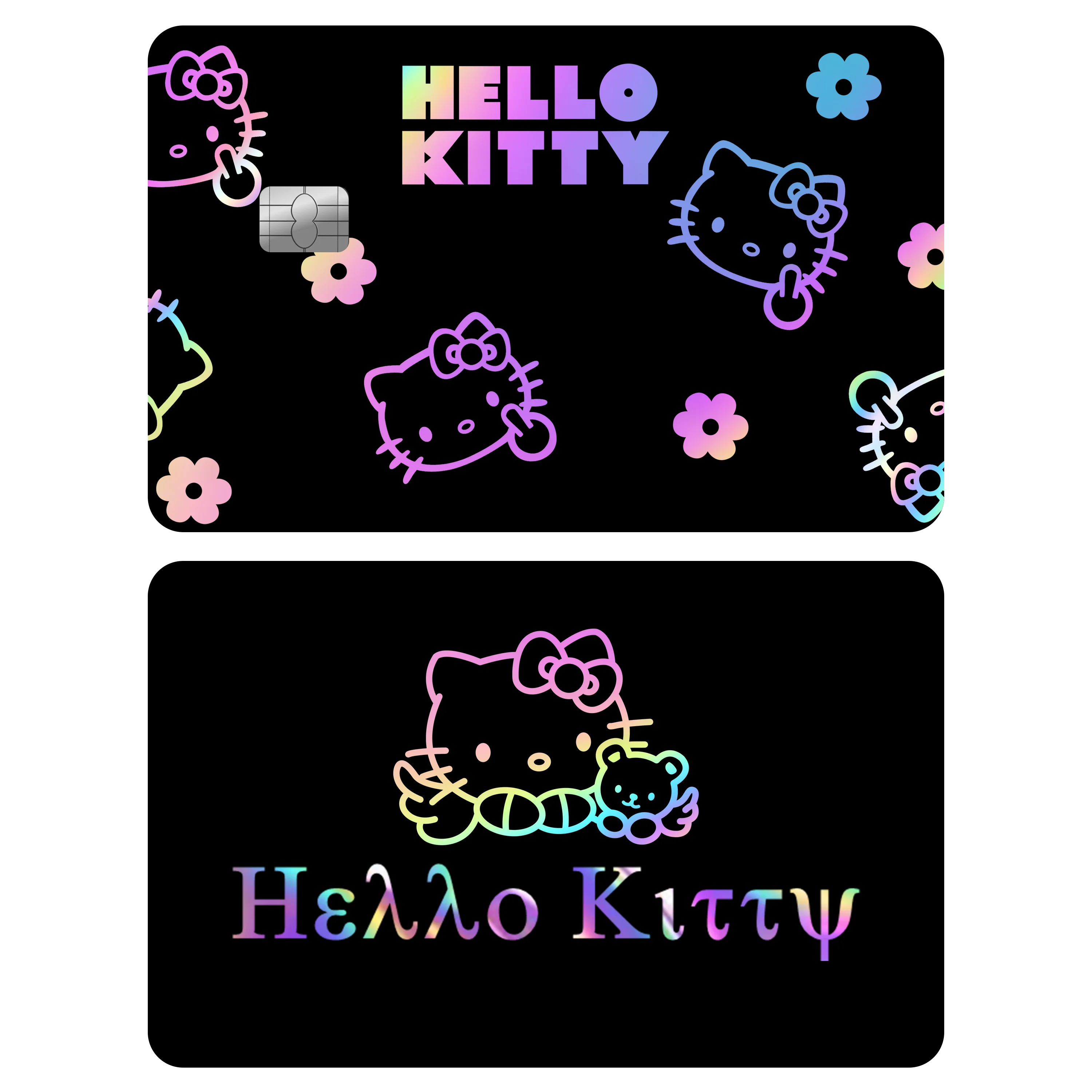 

Лазерные стикеры Hello Kitty для банковских карт, кредитных карт, студенческих карт, защитные наклейки для удостоверения личности, размер чипа, водонепроницаемые износостойкие