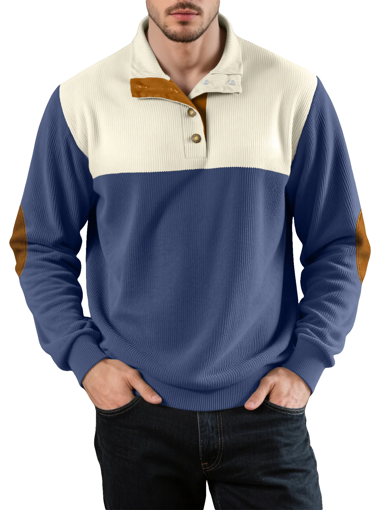 Men‘s Corduroy Casual Hoodie Winter Fleece Jacket Stand Collar Contrast Splicing PU Leather Sweatshirt Pullover