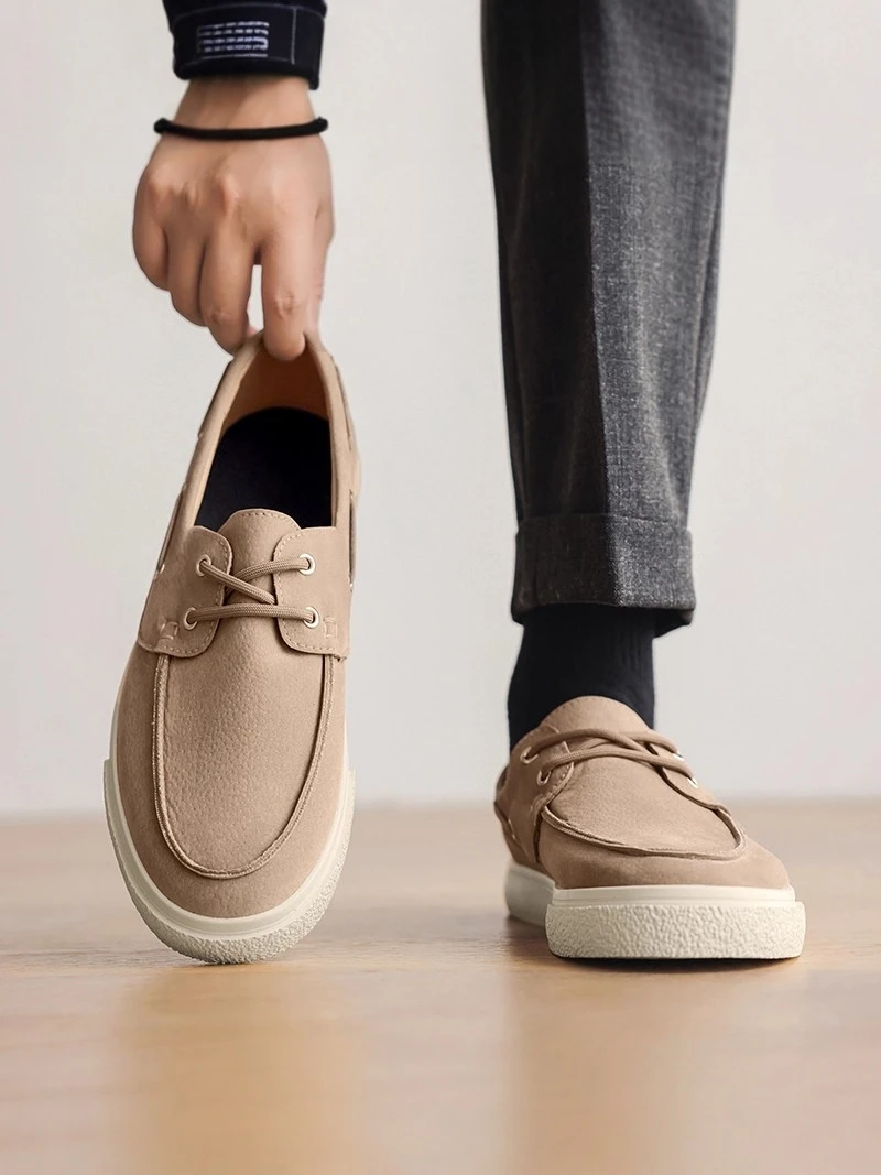 Men's Casual Leather Shoes Lightweight Soft Bottom Anti-slip Spring Autumn British Style Flat Bean Shoes Comfortable Sports F...