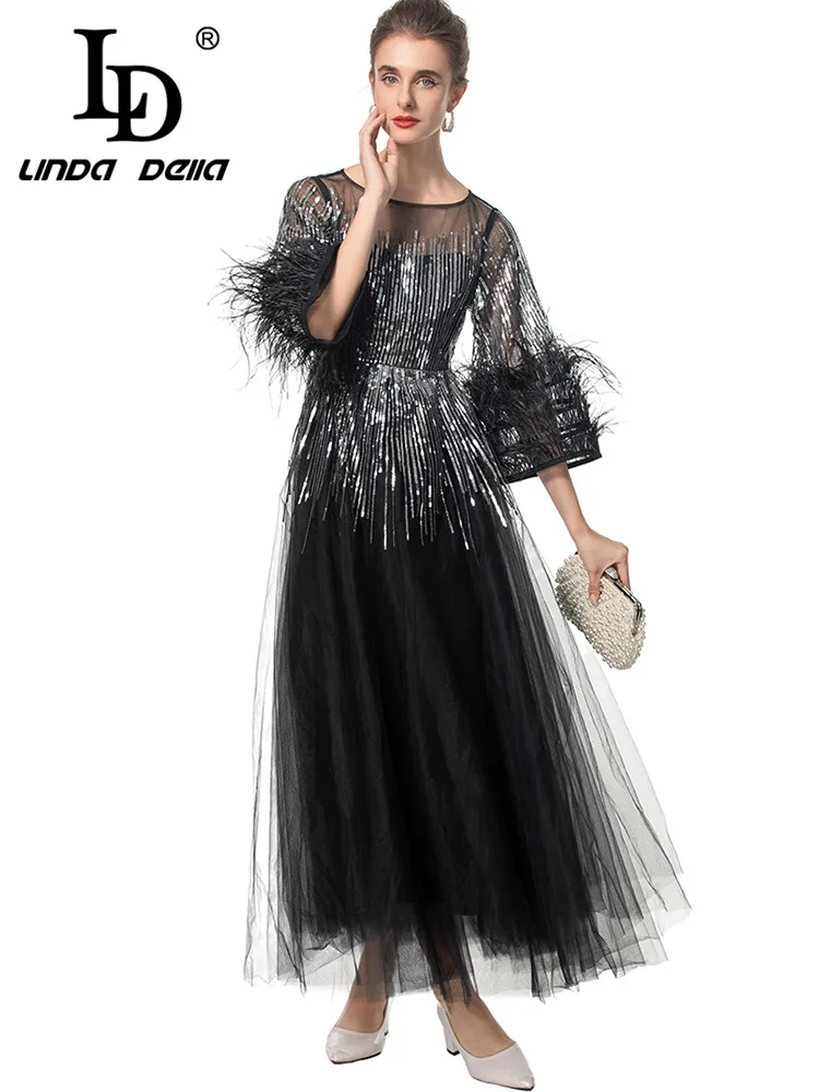 

LD LINDA DELLA Women's Elegant Gorgeous Ball Gown Dress Mesh Sequins Long-Sleeved Feathers Autumn and Winter Party evening Dress