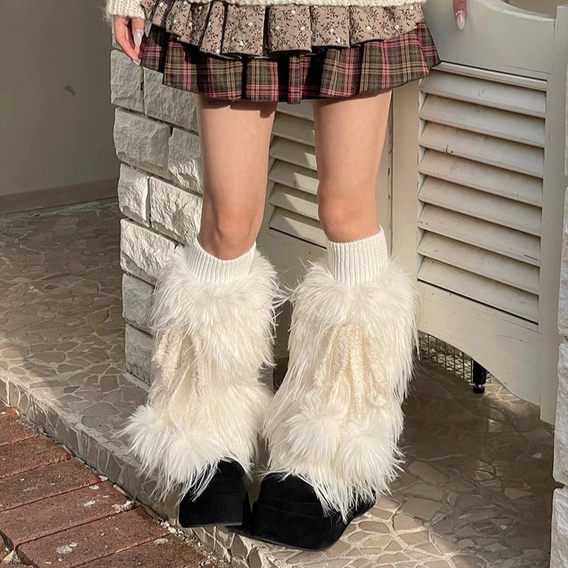 Harajuku Gothic Women Sweet Lolita Y2K Cute Fluffy Fur Hair Ball Bow Straps Accessory Decoration Legging Leg Warmers Stockings