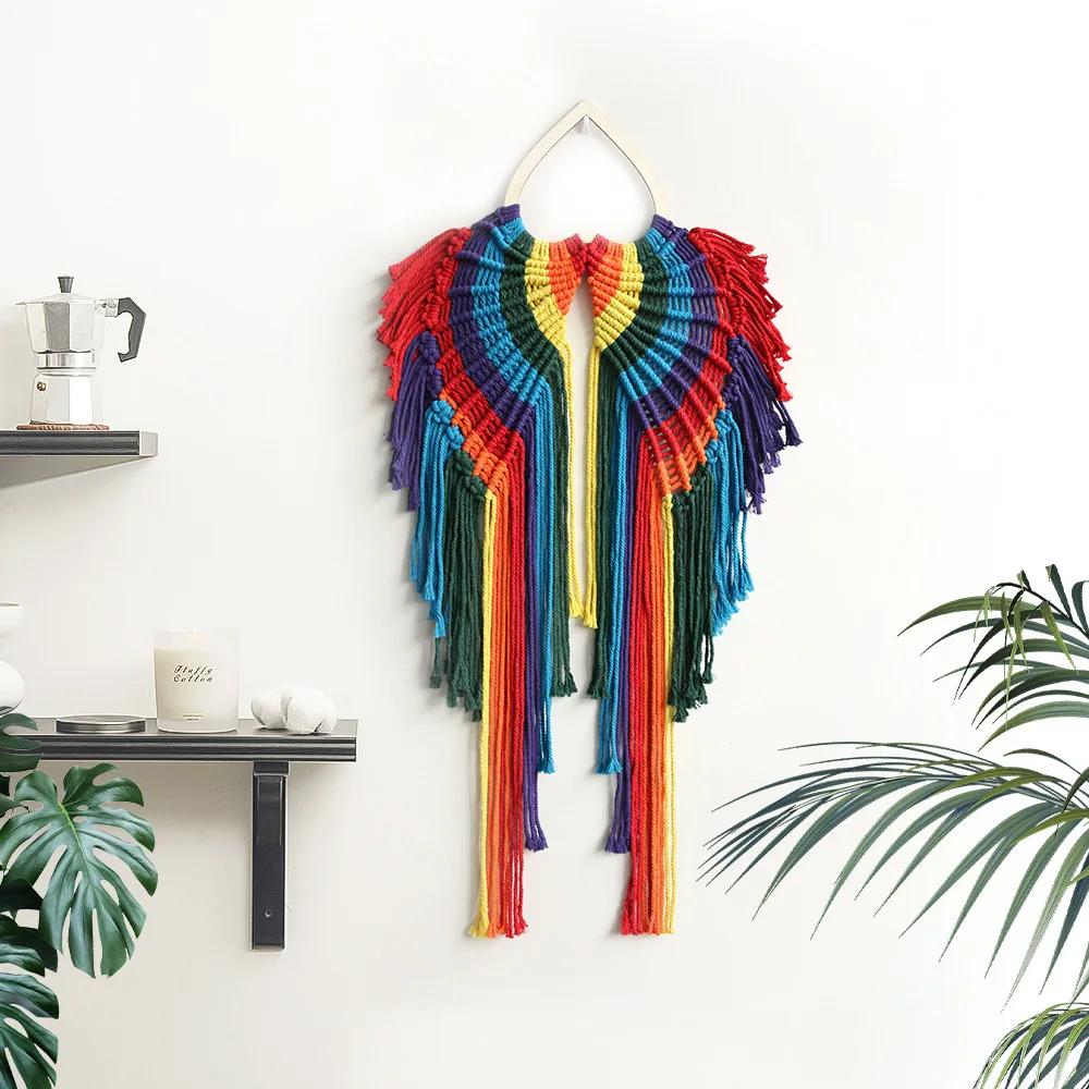 Rainbow Colorful Angel Tapestry Handwoven Bohemian Tapestry Wings Tassels Wall Hanging Macrame Cotton Rope Boho Art Wall Decor