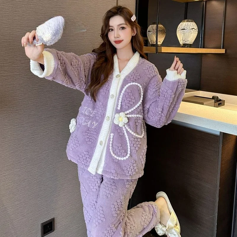 Autumn Winter Thick Coral Fleece Pajamas Women Fleece Sweet Foreign Fashion V-neck Winter Warm Loungewear Suit Comfort Sleepwear