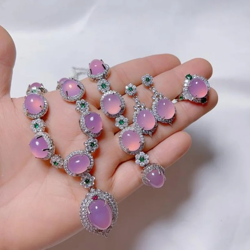 

Pink Pendant Necklace Women, Earrings, Ring, Bracelet Inlaid With Chalcedony Four-Piece Set Agate