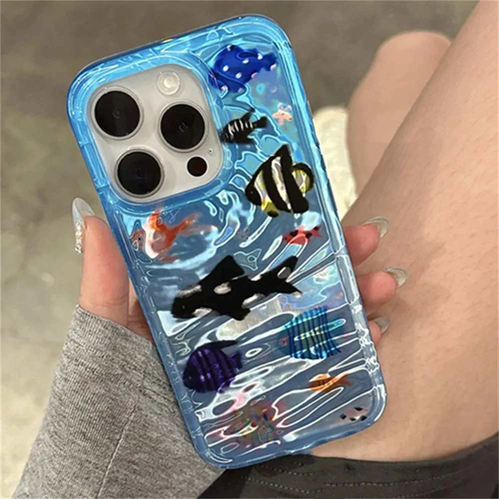 Cartoon Aquarium Ocean Fish Animal Phone Case For iPhone 16 15 13 14 12 Pro Max 11 INS Summer Water Lovely Soft Bumper Cover