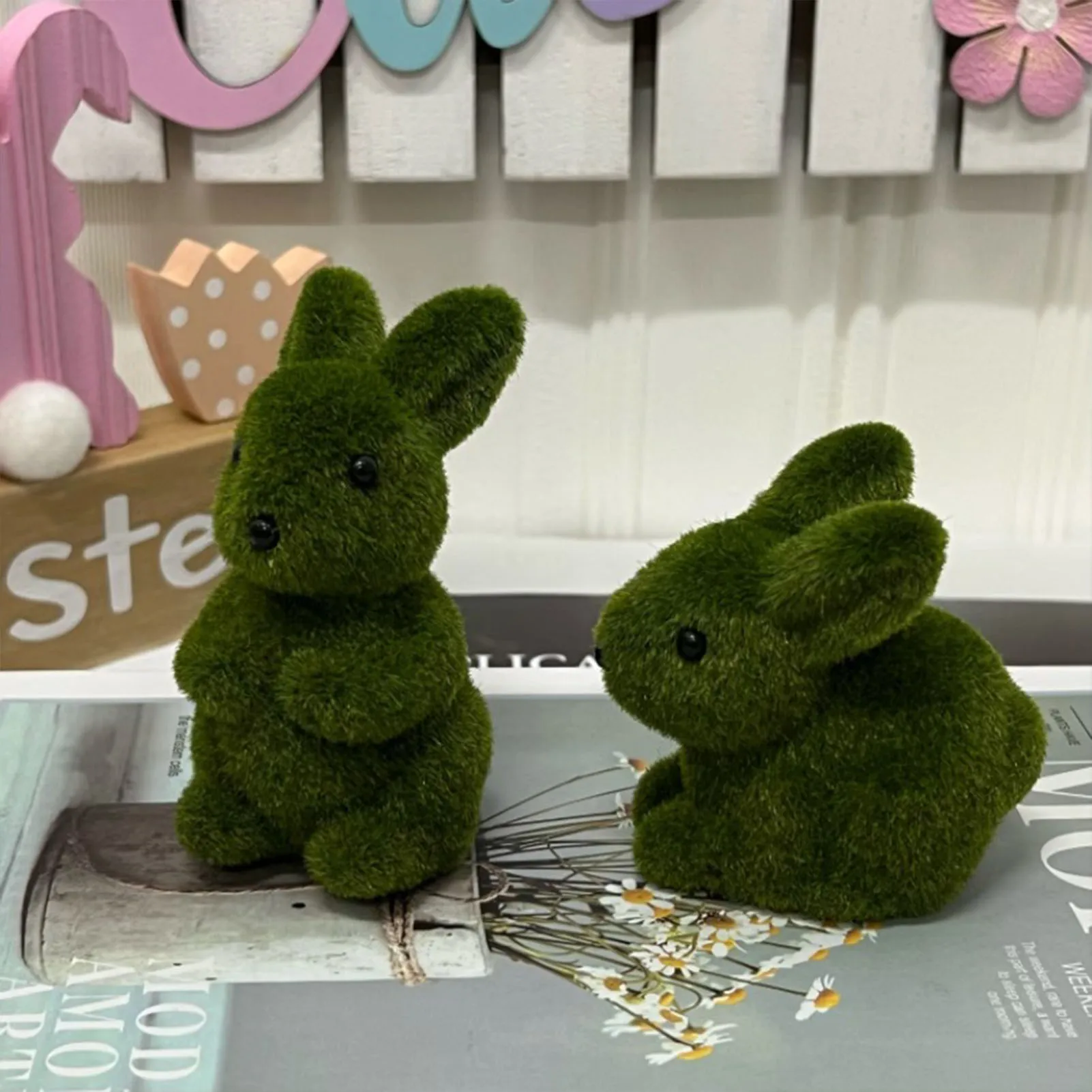 1 Pair Resin Mossy Bunny Animal Toy Mini Cute Plush Rabbits Easter Bunny Simulation Toy for Themed Party Accessory Easter Decor