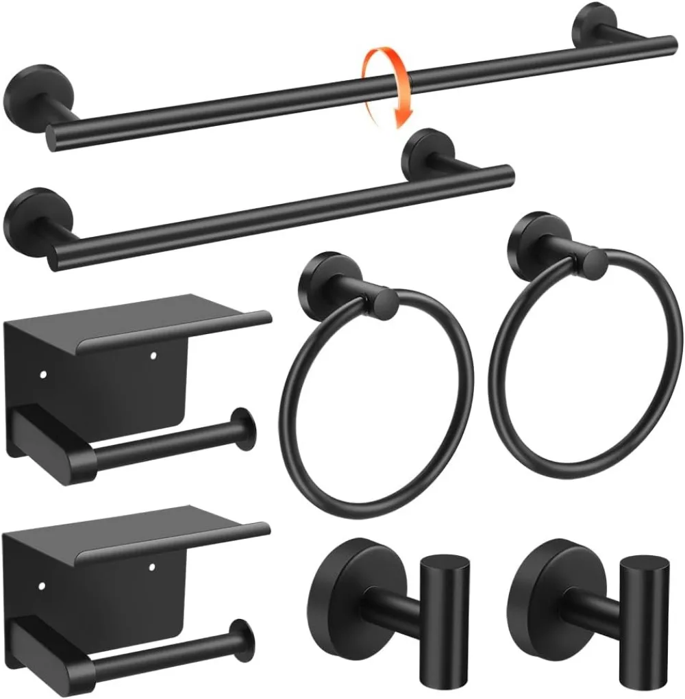 

Matte Black 8-Piece Bathroom Hardware Set, Stainless Steel Towel Bars 24in and 16in Wall Mounted Accessories
