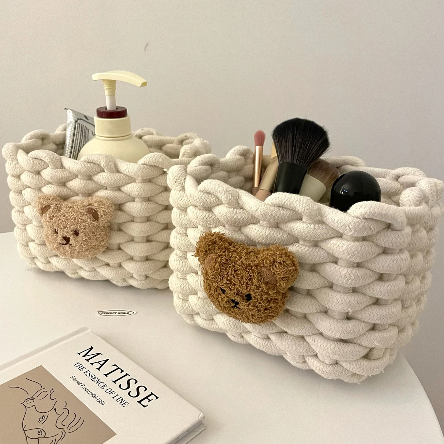 Ins Simple Fashion Bear Cotton Linen Woven Basket Desktop Storage Box Cosmetics and Sundries Storage Basket for Home Dormitory