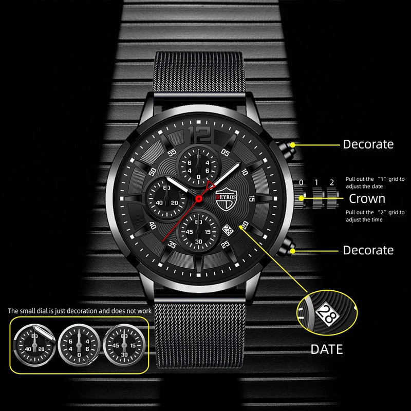 DEYROS Mens Fashion Minimalist Watches Men Business Casual Quartz Watch Simple Male Stainless Steel Mesh Band Clock Reloj Hombre