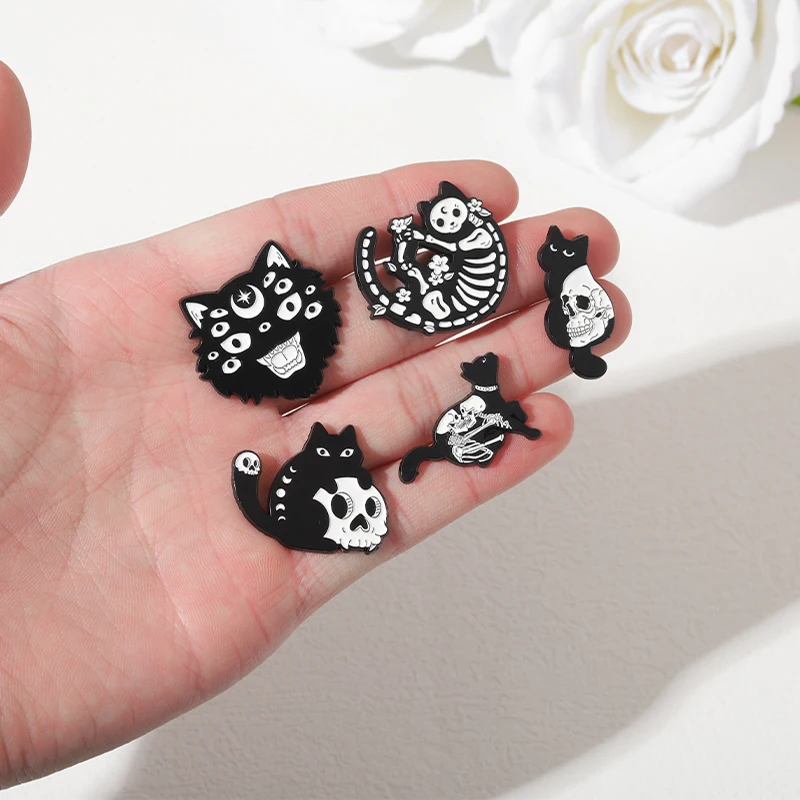 Gothic Cat Enamel Pin Skull Skeleton Witch Cats Badge Brooch Lapel Pins Denim Jeans Shirt Bag Punk Jewelry Gift for Friends view 5