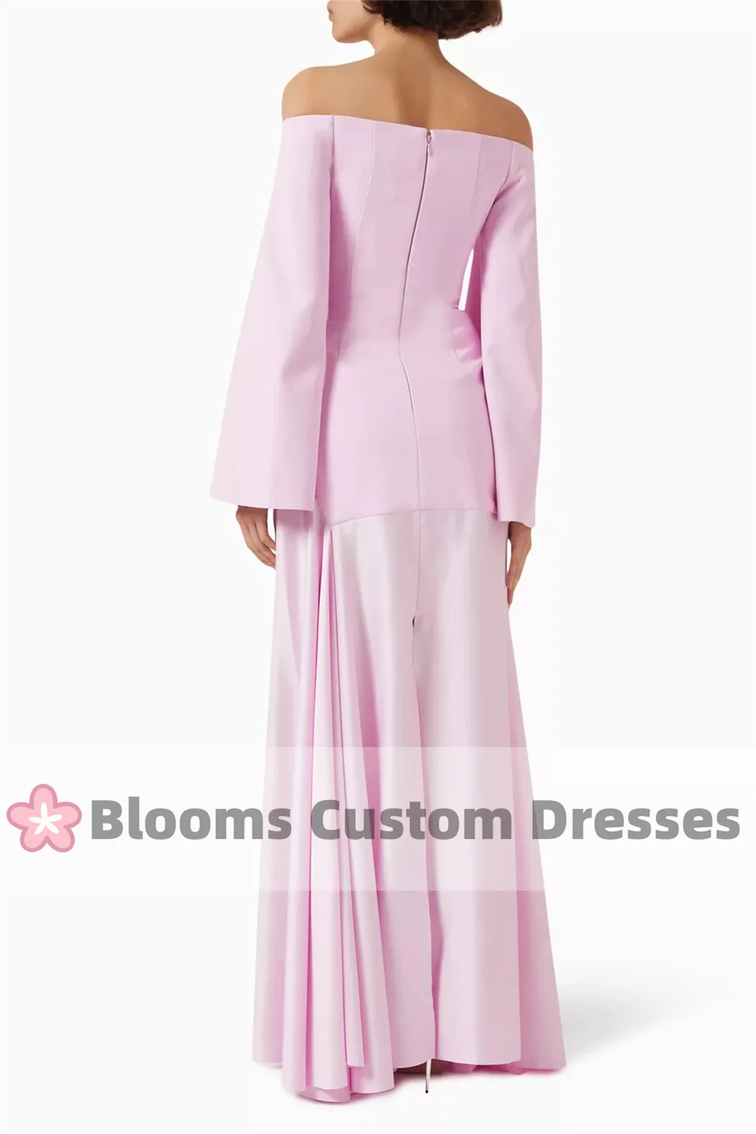 Blooms Customized Prom Dresses Off Shoulder Pink Evening Dress For Women Long Sleeves Saudi Arabia Formal Wedding Party Dress