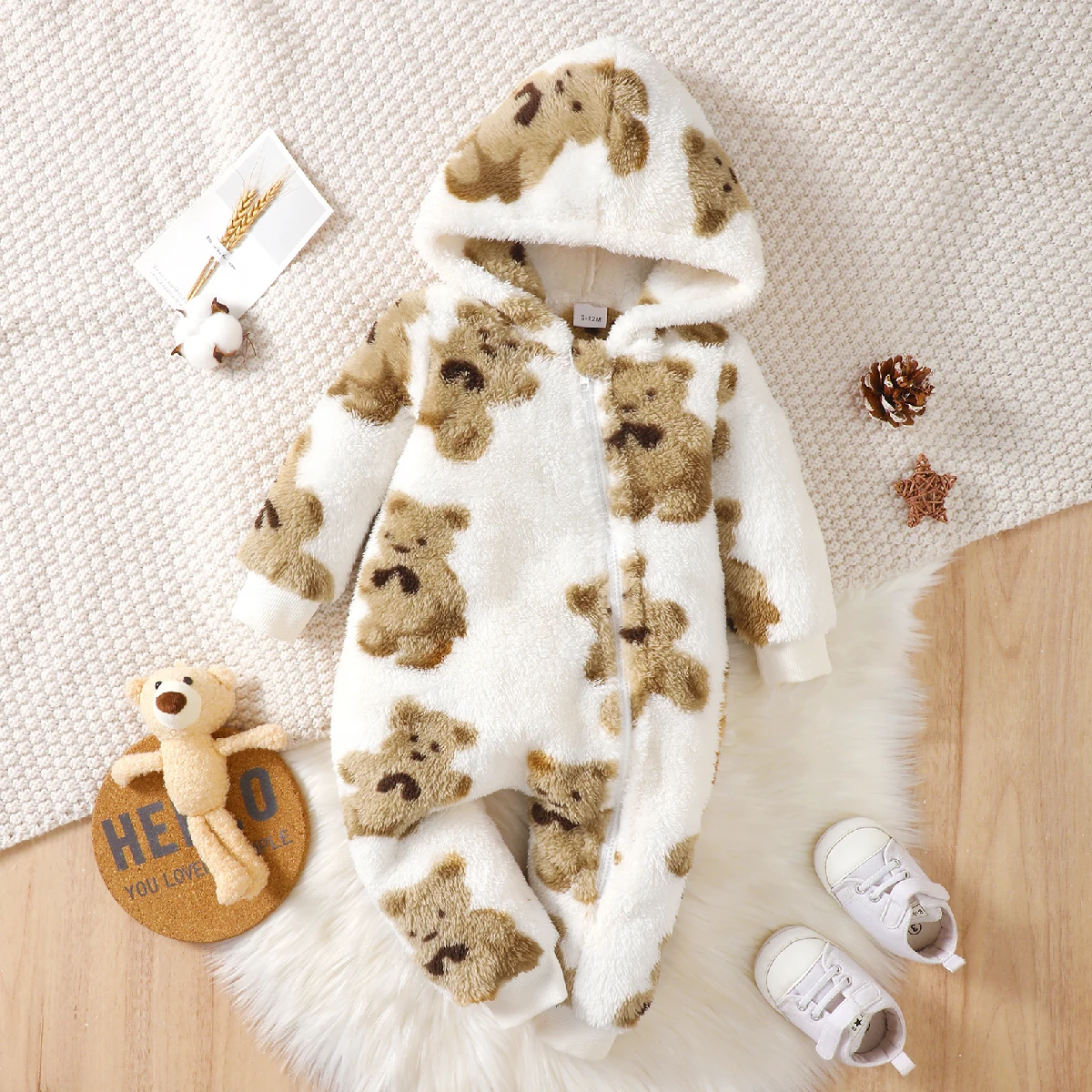 Winter baby girl fashionable casual cute cartoon small bear pattern slanted zipper hooded long sleeved plush jumpsuit