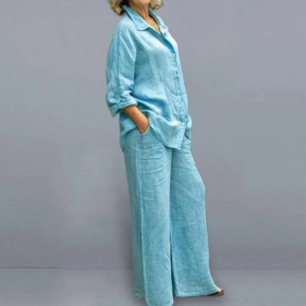 

2025 Women Summer Sut Casual Set Lapel Neck Single-Breasted Long Sleeves Shirt Pants Two-Piece Set Cotton Blend Shirt Long Pants