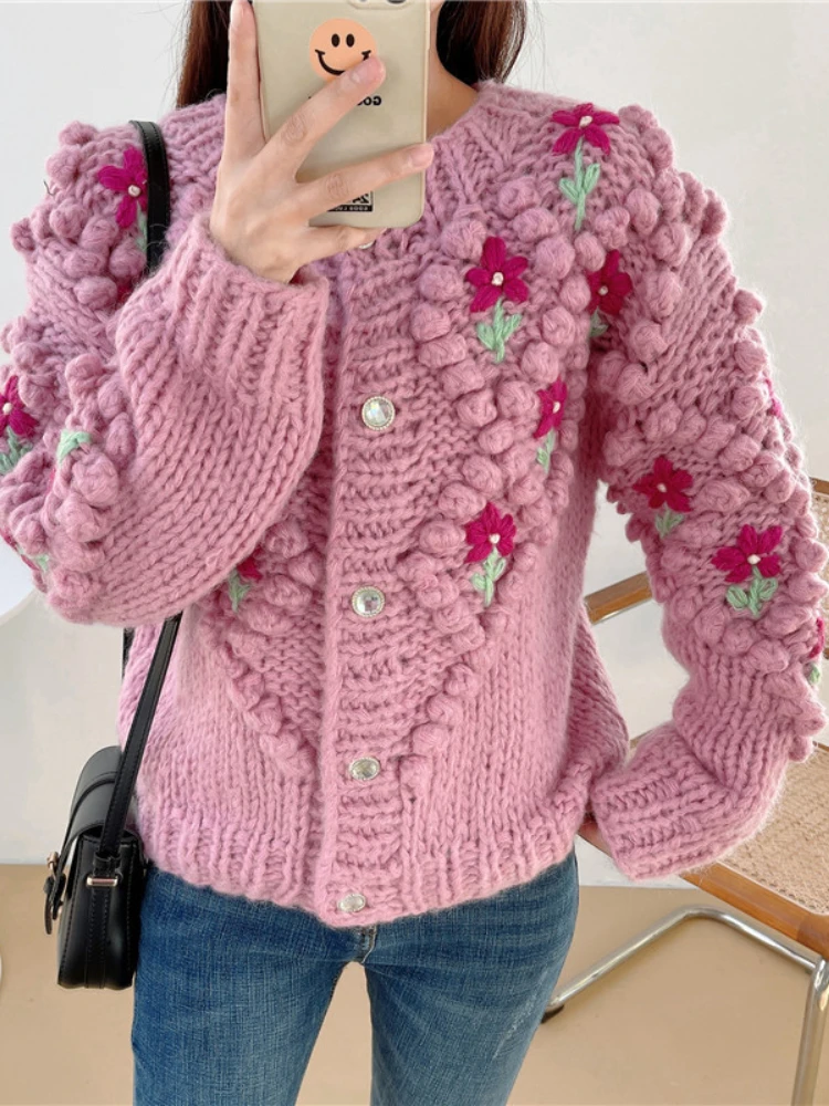 Jacquard Knit Cardigan Stitch Floral Diamond Hand-Knit Sweater Coat Chunky Jacket Autumn/Winter Thick Women Knitwear Clothing