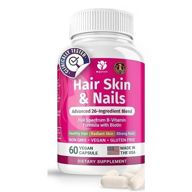 

26 типов витаминов, минералов и экстрактов трав - рост волос и ногтей, добавки для кожи поддерживают 60 веганских капсул с биотином.