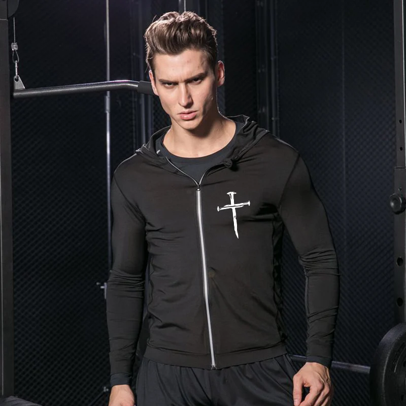 Chaquetas de correr con estampado de cruz cristiana para hombres, abrigos atléticos con cremallera, prendas de vestir de compresión de secado rápido, Tops de Fitness al aire libre