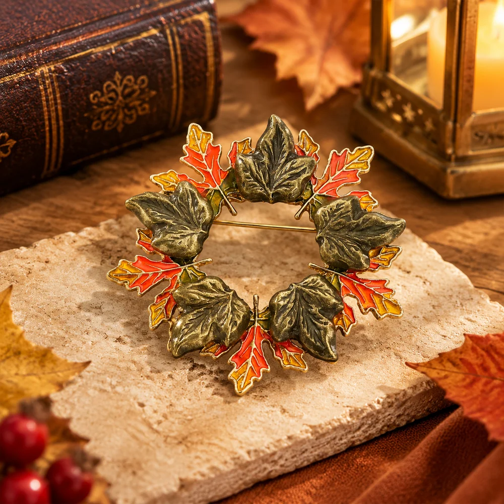 Autumn Maple Leaf Wreath Brooch Vintage Metal Enamel Fall Leaf Lapel Pin Harvest Season Women Clothing Jewelry
