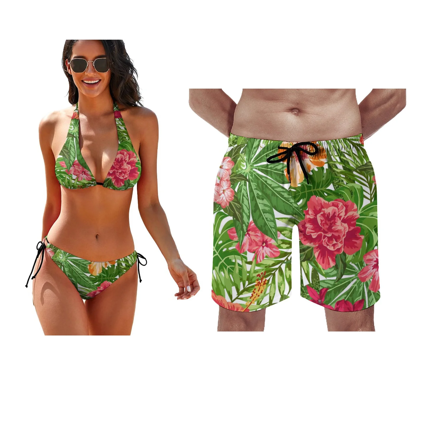 Polynesian Custom Bikini Beach Couple Set Push Up Swimwear with Chest Pad Strap Swimwear Beach Trousers Surfing Couple