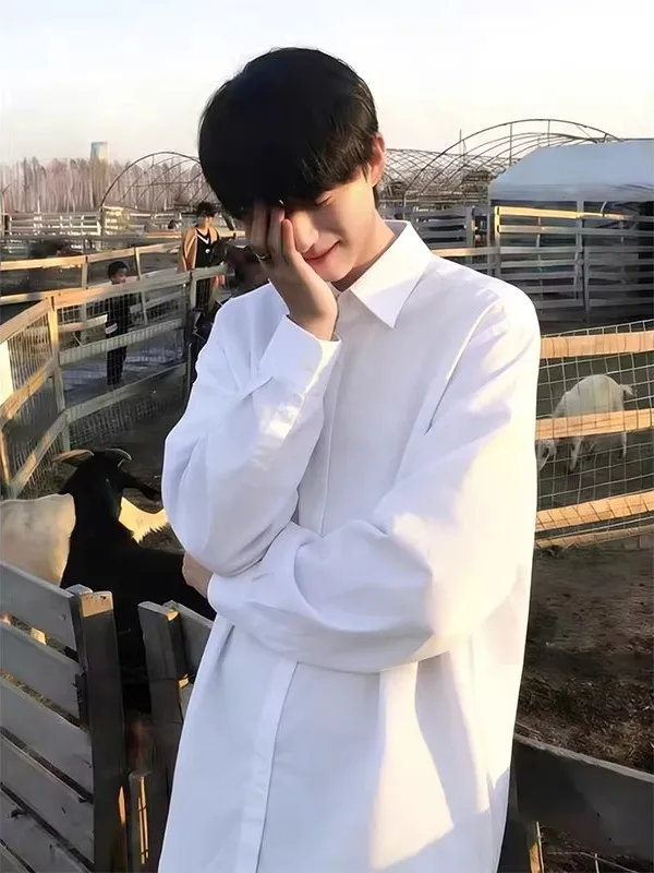 

White Long Sve Men's irt Korean Sle Collar Spring Autumn Cleanfit Suit Inner Wear DK orm Jaet Loose Fit Faion