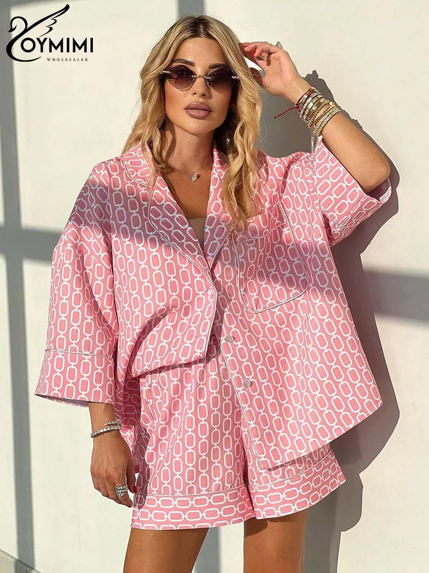 Oymimi Casual Pink Print Two Piece Set For Women Fashion Three Quarter Pockets Button Shirts And High Waist Shorts Female Sets