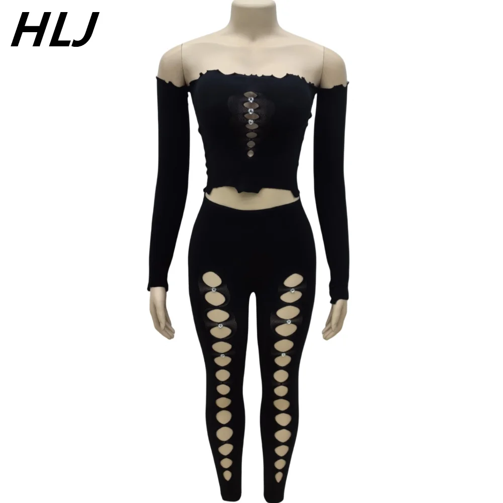 HLJ Sexy Lace Perspective Hollow Bodycon 2 Piece Sets Outfit Women Off Shoulder Long Sleeves Top and Hole Skinny Pants Outfits